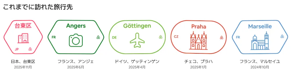 Airbnb「これまでに訪れた旅行先」のスクリーンショット